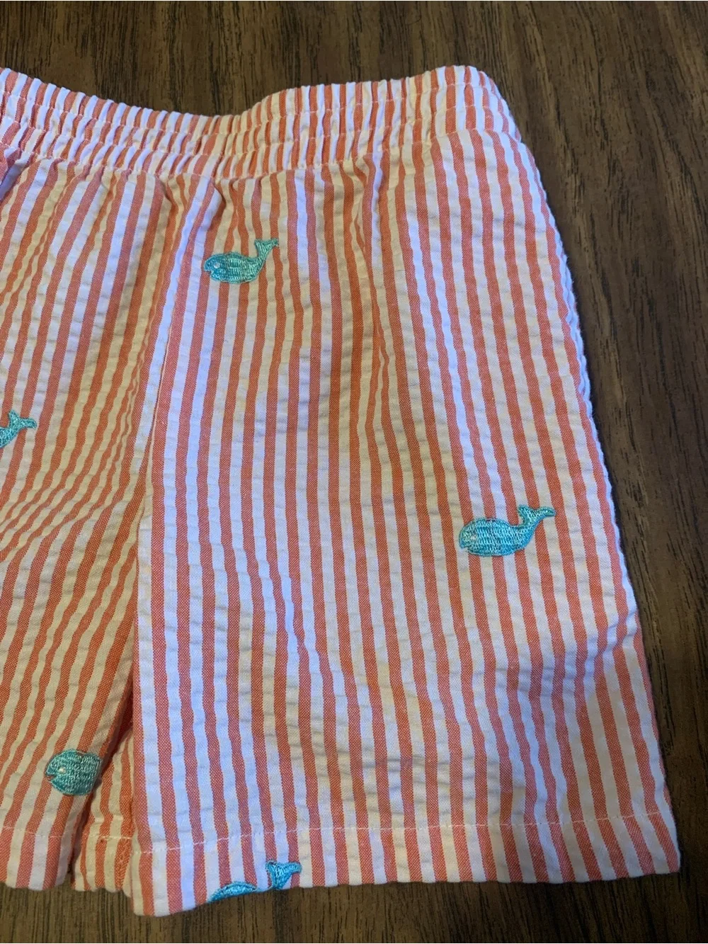 Kelly's Kids Coral and White Striped Shorts with Teal Whale Embroidery